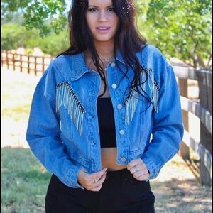 Le Lis Blue Jean Jacket with Fringe Accents